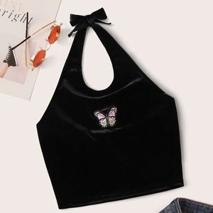 Black Velvet Halter Top with Butterfly